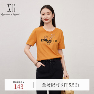 直筒正肩休闲短袖 XG雪歌纯棉创意印花设计T恤 新款 时尚 上衣女 夏季