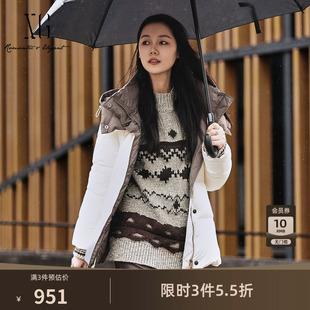 XG雪歌米白色长袖鹅绒羽绒服2025冬季新款中长款连帽设计外套女装