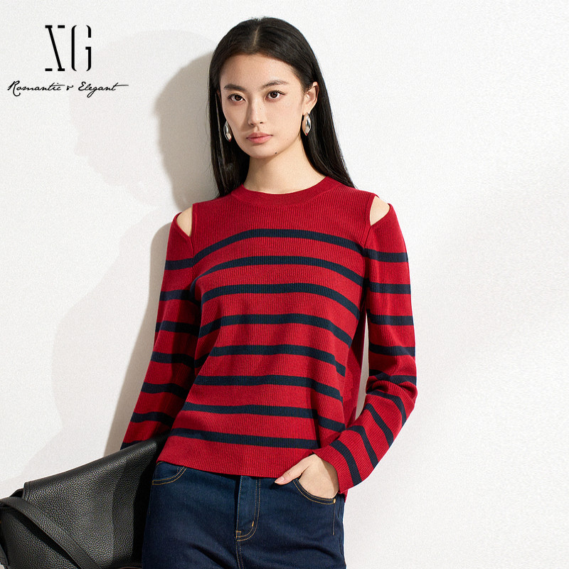 XG雪歌撞色条纹设计毛针织衫2025春季新款露肩设计绵羊毛毛衫女装,女装/女士精品,毛针织衫,淘宝优惠券,粉丝福利购,淘宝优惠卷