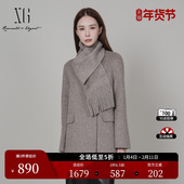 XG雪歌围巾搭配长袖 卡其色绵羊毛大衣女 厚款 毛呢外套2025冬季 新款