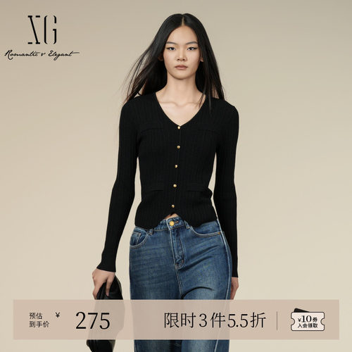 XG雪歌黑色修身设计毛针织衫2025冬季新款通勤长袖绵羊毛开衫女装