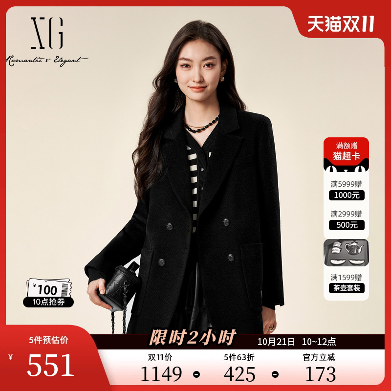 XG雪歌中长款双排扣毛呢外套时尚冬季新款黑色加厚纯绵羊毛大衣女