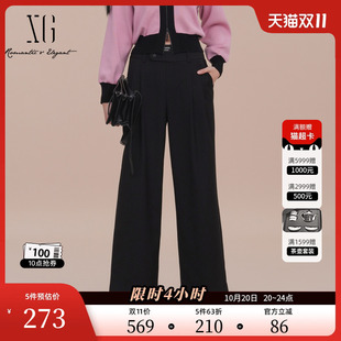 通勤简约宽松阔腿长裤 新款 女 2025春季 XG雪歌淑女风压褶设计休闲裤