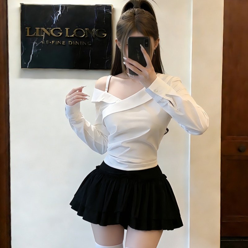 iqcq气球熊白色斜领长袖衬衫女春季褶皱收腰露肩上衣高腰半身短裙,女装/女士精品,时尚套装,淘宝优惠券,粉丝福利购,淘宝优惠卷