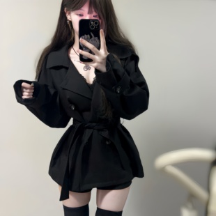 iqcq气球熊纯欲风双排扣风衣女秋季新款黑色系带收腰显瘦短款外套