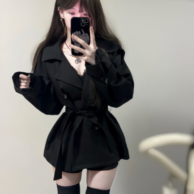 iqcq翻领短款纯欲双排扣风衣外套