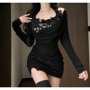 iqcq辣妹风设计感荡领修身打底衫女带胸垫蕾丝挂脖吊带包臀裙套装