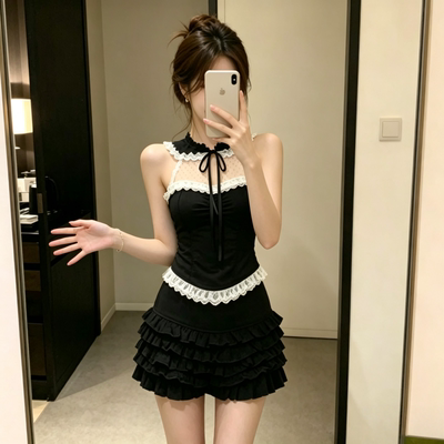 iqcq夏季网纱显瘦上衣半身裙套装