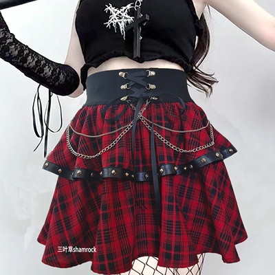 亚文化朋克y2k千禧辣妹暗黑原宿风铆钉格子半身裙女高腰蛋糕裙子