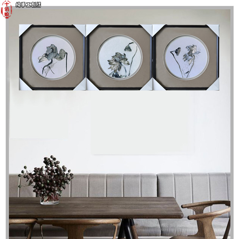 苏绣荷花莲花爱莲说三联画纯手工刺绣片国画卧室书房壁画商务礼物