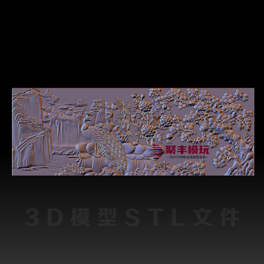 牡丹孔雀山水浮雕STL文件3D模型三维图纸STL数据机雕刻打印