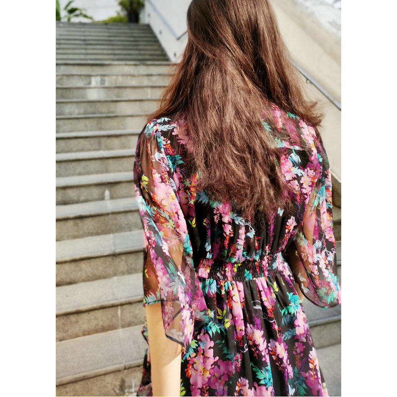 LaLunesse拉伦娜女夏桑蚕丝连衣裙印花小黑裙轻奢碎花裙真丝长裙