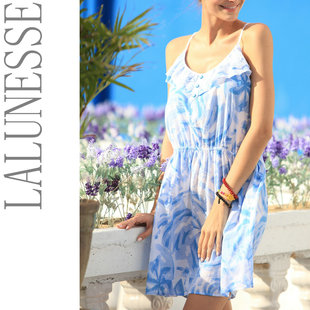 拉伦娜女睡裙全棉吊带沙滩裙性感蕾丝度假风短裙海蓝柠檬绿印花