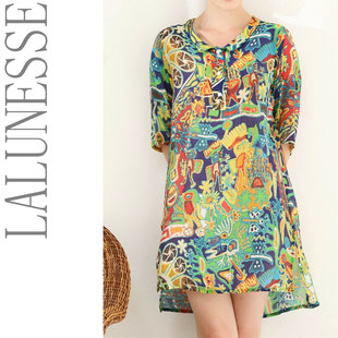 拉伦娜春夏女睡裙可外穿度假风连衣裙仿丝棉速干民族风印花中裙