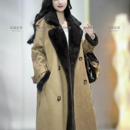 24新款女冬季加厚立领鹿皮绒皮毛一体高级感上衣长款外套腰带风衣