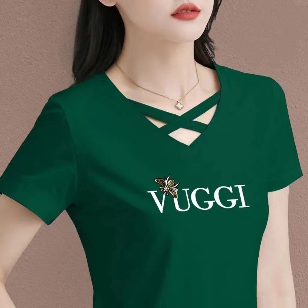 夏季短袖2024中年人宽松遮肚子运动新款V领交叉女士t恤纯棉上衣潮