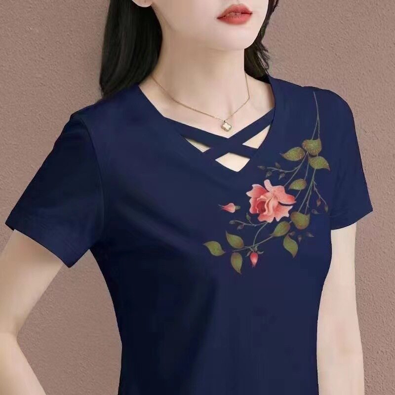 夏季短袖2024中年人宽松遮肚子运动新款V领交叉女士t恤纯棉上衣潮