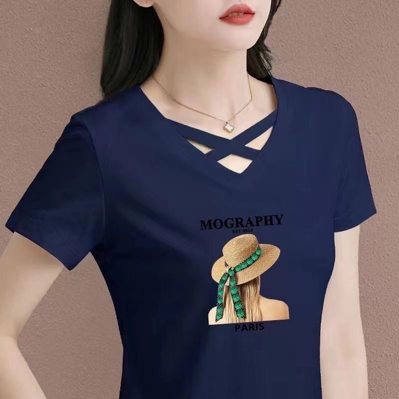新款V领交叉女士t恤纯棉夏季短袖2024中年人宽松遮肚子运动上衣潮