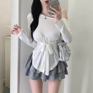 秋新款气质修身斜肩打底衫显身材上衣女收腰绑带薄款长袖防晒T恤