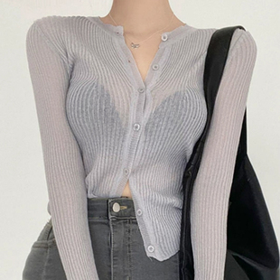 多巴胺穿搭微透防晒衫夏修身显瘦性感百搭柔软薄款长袖针织衫女装