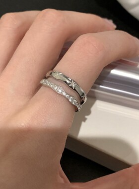 闪钻双层星芒菱格戒指女士百搭小众设计轻奢高级感开口可调节戒指