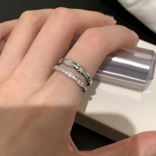 闪钻双层星芒菱格戒指女士百搭小众设计轻奢高级感开口可调节戒指