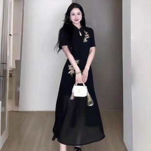 女装 时尚 微胖短袖 微胖MM百搭风新中式 旗袍连衣裙 国风长裙夏季 大码