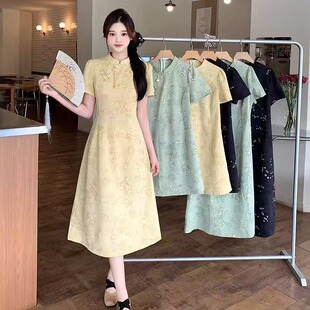 夏季 大码 连衣裙女装 旗袍裙高级感国风短袖 胖MM遮肚显瘦裙子 新中式