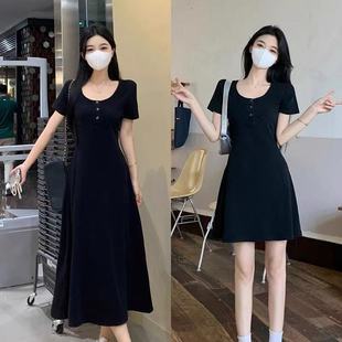 收腰显瘦黑色长裙小众气质包臀裙子 大码 女装 微胖MM短袖 连衣裙夏季