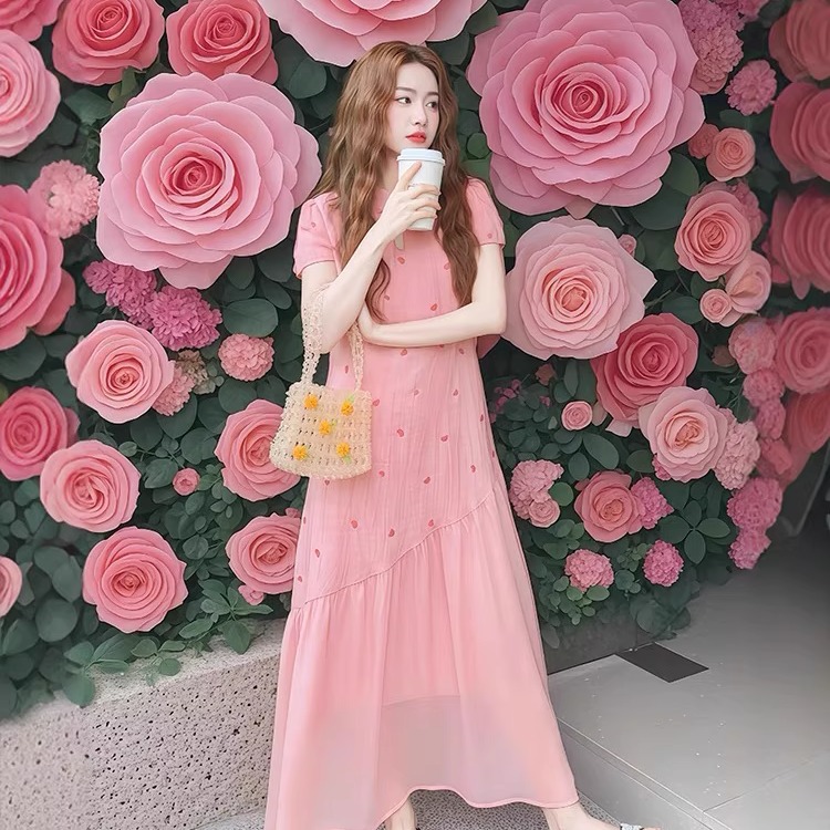 新中式粉色晕染爱心旗袍连衣裙女