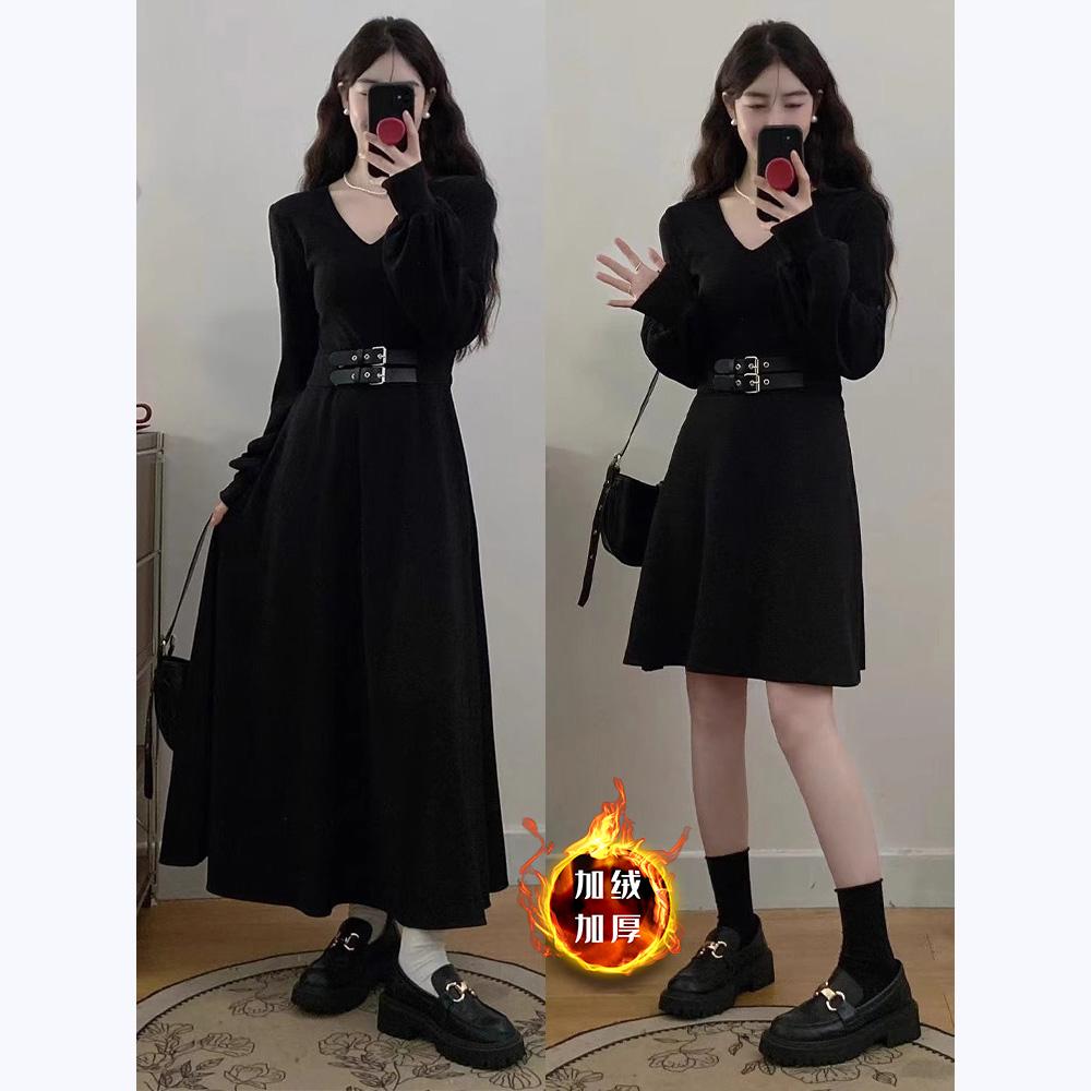 掐腰长袖黑色连衣裙子女加绒长裙
