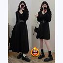 2024新款 黑色连衣裙子女秋冬季 小个子加绒长裙 赫本风掐腰长袖 法式