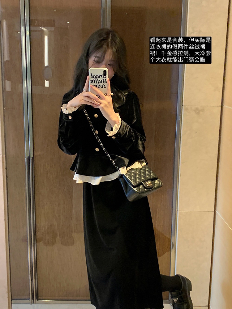 媌老板『丝绒公主』MIAOLAB 赫本风荷叶边套装感假两件黑色连衣裙