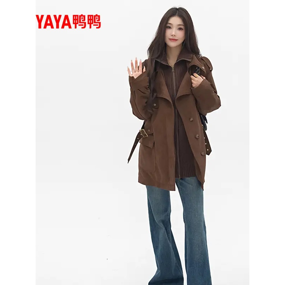 鸭鸭2025新品中长款风衣羽绒服女时尚复古拼接立领气质收腰外套冬