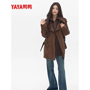 鸭鸭2025新品中长款风衣羽绒服女时尚复古拼接立领气质收腰外套冬