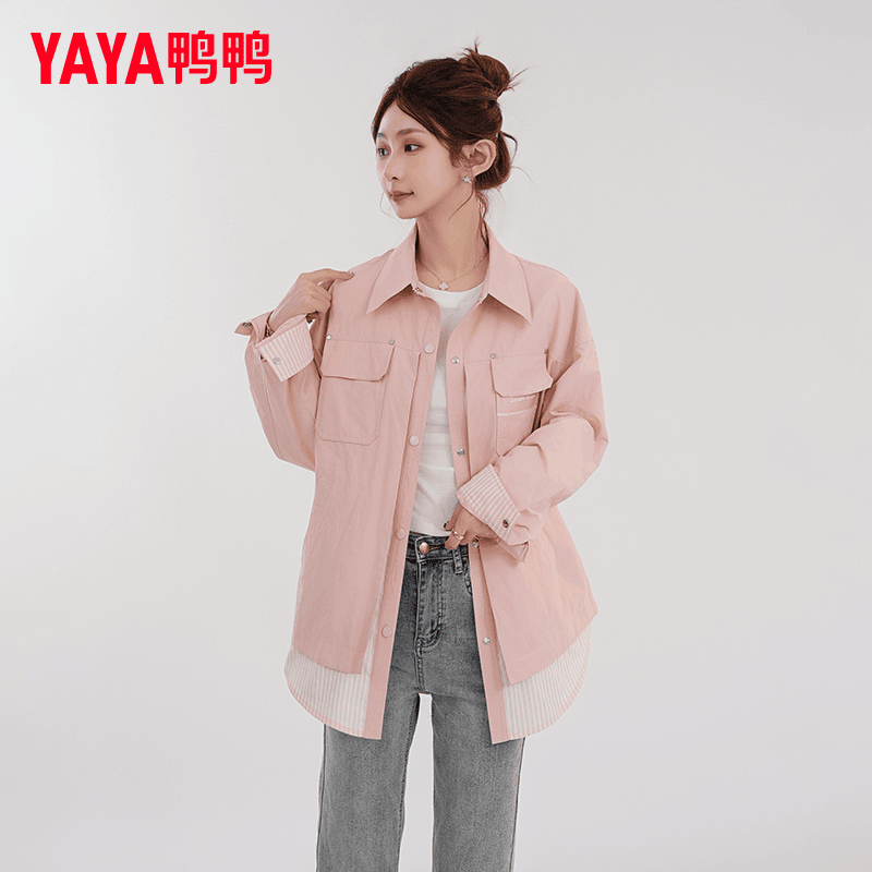 鸭鸭假两件羽绒服女衬衫领外套冬