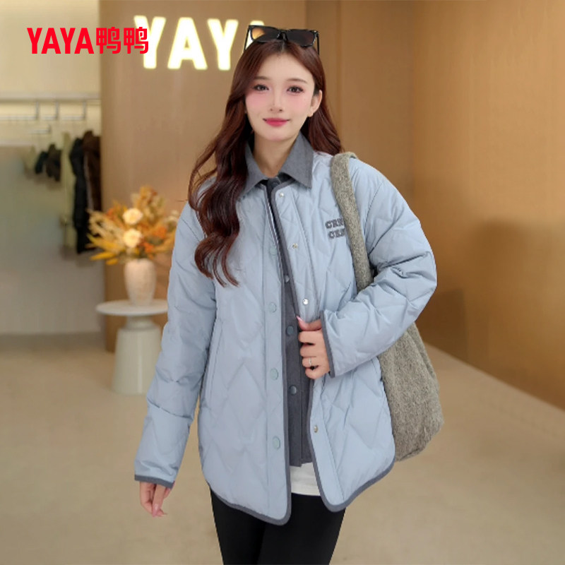 撞色假两件轻薄羽绒服中长款外套