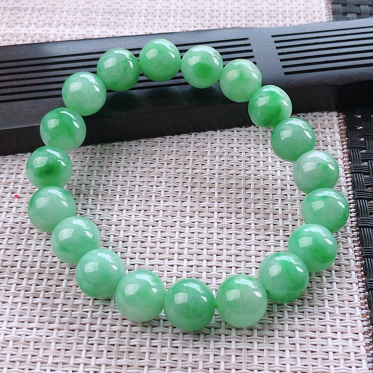 缅甸天然老坑A货翡翠飘花圆珠手链冰种飘绿手串阳绿色手珠男女款