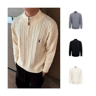 美式复古灰色RL小马刺绣立领拉链加厚半拉链麻花浮雕立体毛衣冬