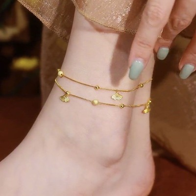 复古银杏叶双层叠戴脚链女ins小众个性设计感足链百搭高级感脚饰