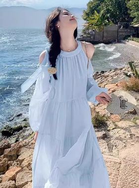 海边度假连衣裙女夏季2025新款甜美温柔风法式气质绝美露肩沙滩裙