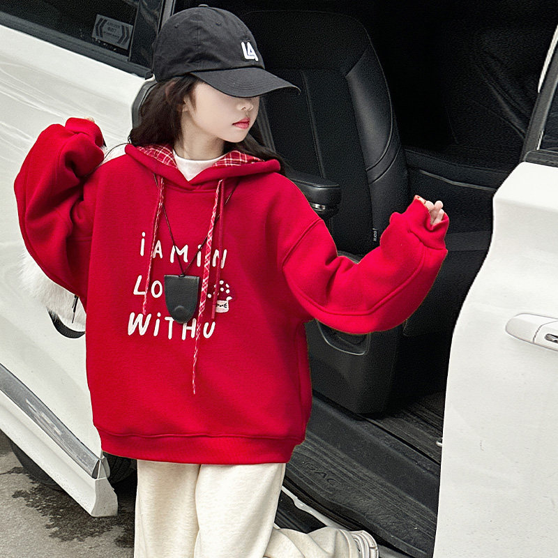 女大童加绒卫衣秋装2025新款初中生女孩保暖上衣冬季加厚打底