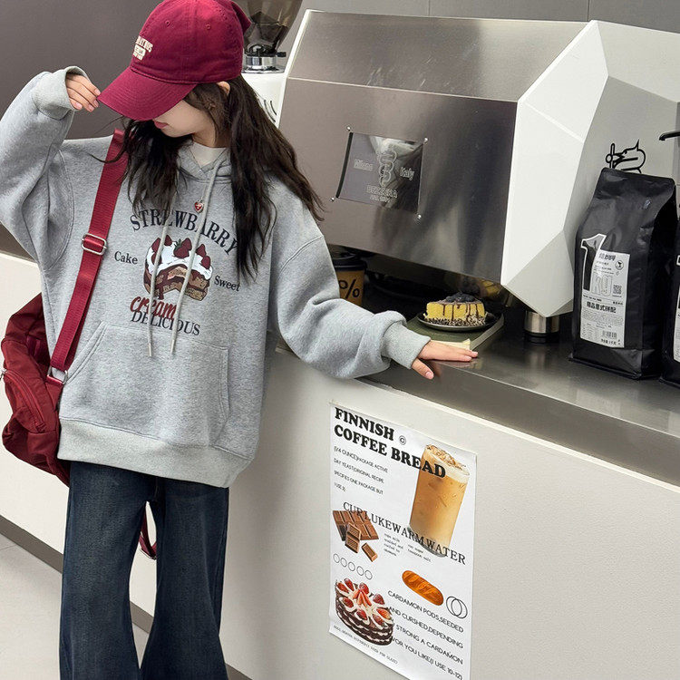 女童加绒卫衣冬装2025新款初中生加厚帽衫中大童一体绒冬季上