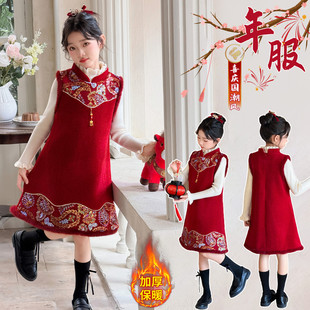 女童裙子2025新款今年流行爆款冬季高级感连衣裙轻奢小众高端红色