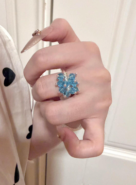 蓝色宝石串珠戒指女小众