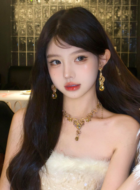 金色流苏项链女款晚礼服夸张配饰千金耳环套装高级生日新娘锁骨链