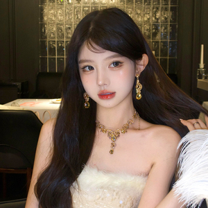 金色流苏项链女款晚礼服夸张配饰千金耳环套装高级生日新娘锁骨链
