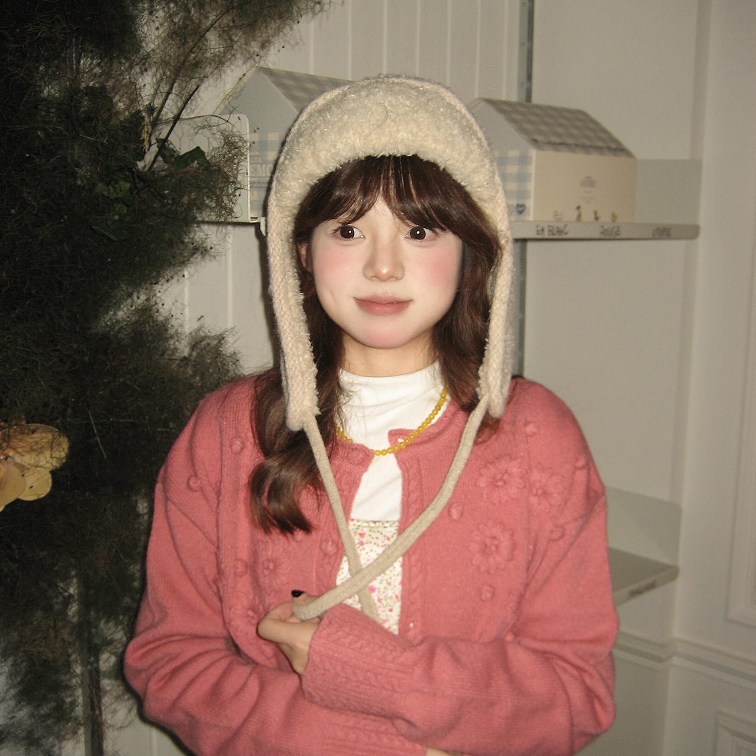 大头围毛绒飞行帽防风护耳雷锋帽米色保暖防寒大号大码针织毛线帽