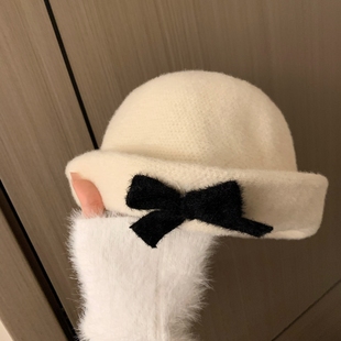 韩剧赫本千金帽子女小香风蝴蝶结盆帽秋冬季显脸小渔夫帽卷边礼帽