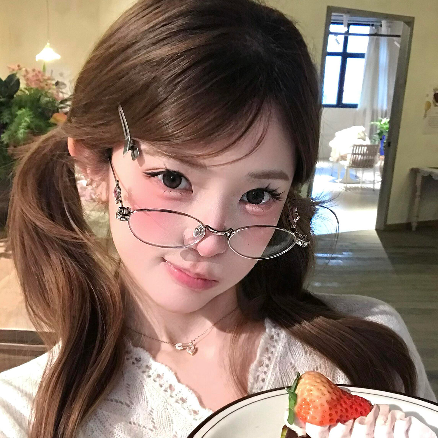 jennie同款珠宝系列镶钻gm眼镜金属银色椭圆小框Y2蓝光近视平光镜